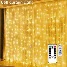 1 Pc 3x1m 100 LED/3x3m 300 LED Copper Wire Curtain Light, Waterproof Fairy String Light With USB & Remote Control, Decorative Lights For Halloween, Christmas, Festivals - 黃色 - 查看 7
