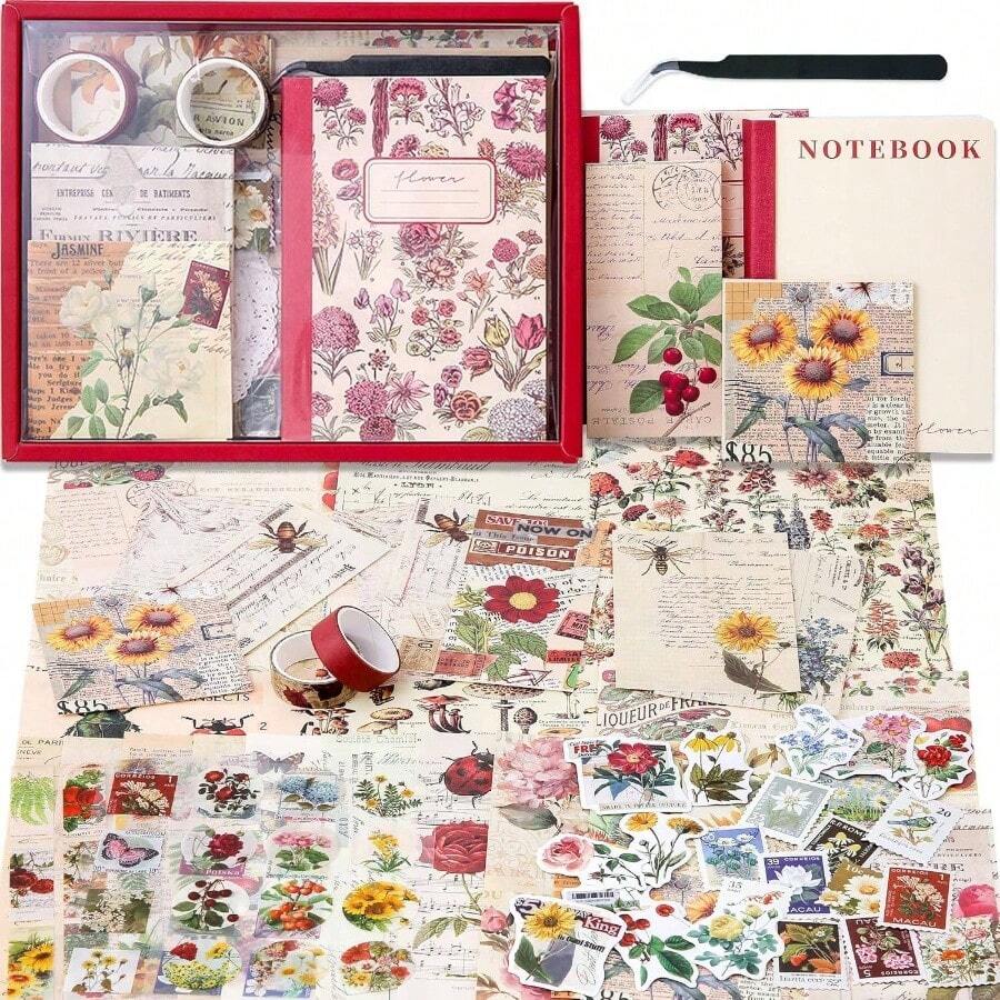 Scrapbooking Supplies Kit, Vintage Botanical Aesthetic Scrapbook Kit Bullet Junk Journal, Stationery, A6 Grid Notebook, Flower Journaling Supplies, Birthday Teen Women - Flower - 查看 1
