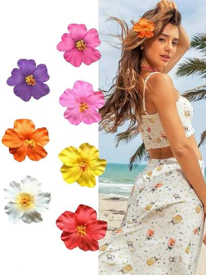 7件装夏威夷花朵发夹，女士鸡蛋花芙蓉花发夹，人造花朵发夹，优雅纯色花朵发卡，适合度假海滩派对、夏季热带花朵发饰、女孩节日礼物、波西米亚风格、时尚配饰，7件装超值装，结实不易脱落，适合女性女孩，扁平爪夹，发夹，发爪，发卡（红/绿/黄/粉/白/蓝/橙）