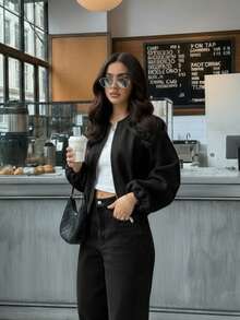 Áo khoác ngắn bằng len màu đen trơn tối giản, phong cách thanh lịch thường ngày dành cho nữ của GMFP, thích hợp cho các lễ hội âm nhạc/mùa cưới, mùa xuân/hè. - màu đen - Xem 5