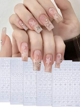 5件套美甲镂空系列喷绘喷枪模板，辅助工具，贴纸，智能猫眼、星星、星爆、蝴蝶、蝴蝶结、心形图案贴花，美甲装饰，适合情人节和美甲用品