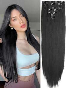 7pcs Of Women's Synthetic Hair Patches Long Straight Hair Clips Deep Black Double-Layer Weaving 16 Clips Per Piece Breathable And Comfortable Hair Accessories - Multicolor - View 7