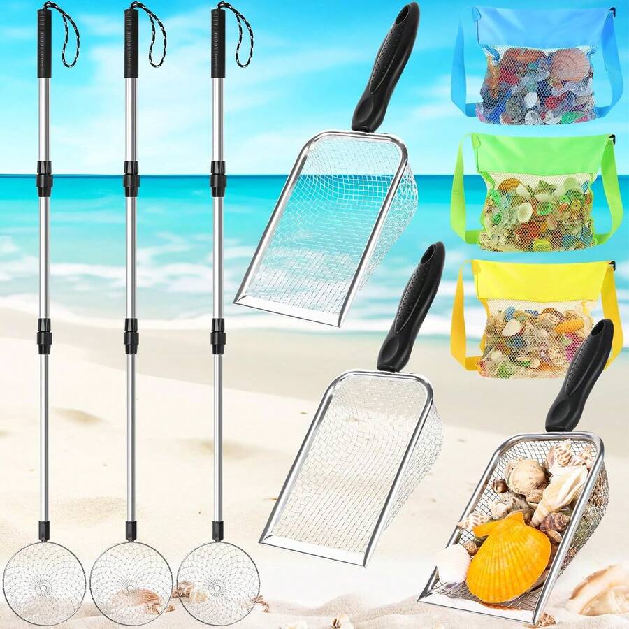 9 piezas de herramientas para recolectar conchas de playa, tamiz de dientes de tiburón, artículos esenciales de playa para vacaciones, tamiz de arena con mango largo ajustable, bolsa de playa de malla, pala de malla de playa, pala de arena para adultos, niñas y niños. - 1 - Ver 1
