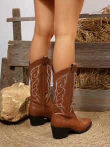 FVPFVP 2024 Autumn New Genuine Leather Pointed Toe Cowboy Boots, Retro Western Style Knee-High Boots For Women - Brown - View 6