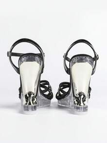 时尚性感透明水晶坡跟透气新款凉鞋，欧美风格 - 黑色 - 查看 5