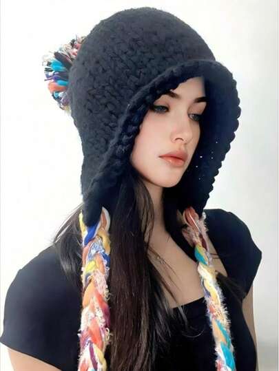 1pc Women's Handmade Knitted Beanie Hat With Tassels, Warm And Fashionable For Autumn/Winter, Suitable For Daily Wear, Shopping, Skiing