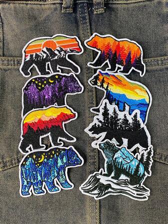 一套3/7/8片森林熊系列刺绣布贴，可爱卡通动物涤纶徽章贴花，DIY服装熨烫布贴，缝纫配件布贴，适用于背包、牛仔裤、夹克、T恤、帽子、连衣裙等。