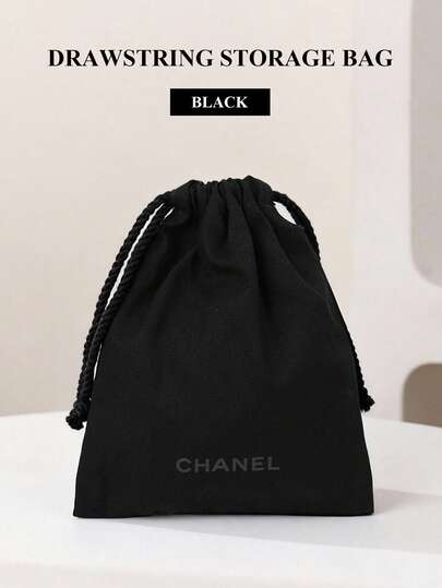 CHANEL Bolsa de maquillaje, bolsa de cuerdas minimalista negra portátil, bolsa de maquillaje, estuche de maquillaje, forro de felpa, bolsa de almacenamiento con cordón