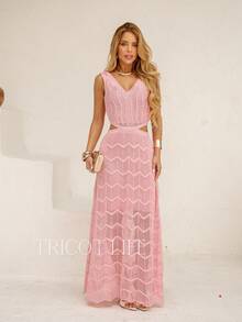 Women's Long Knit Dress Party Lace Lined Cutout At The Waist New Year's Eve Dress Christmas White Red Olive Green - 淺粉色 - 查看 1