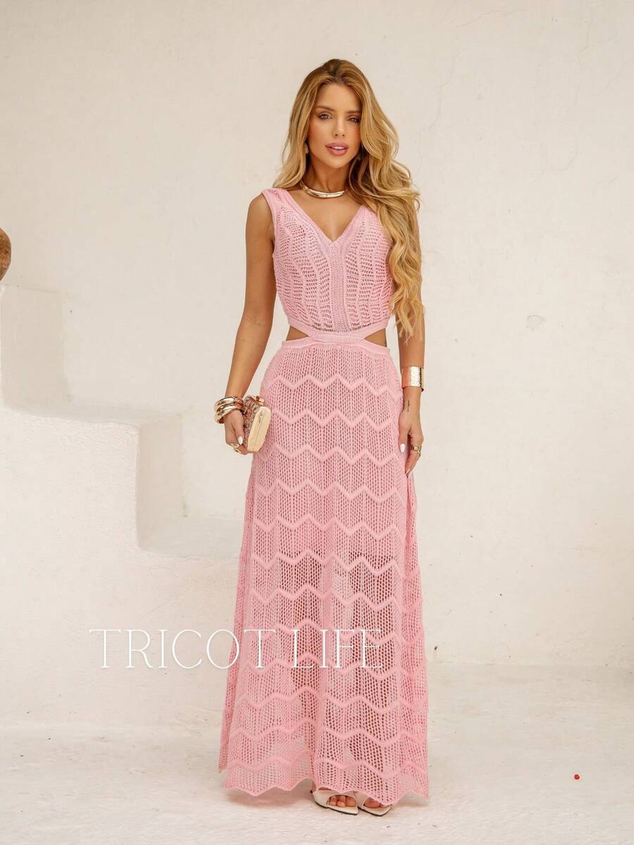 Women's Long Knit Dress Party Lace Lined Cutout At The Waist New Year's Eve Dress Christmas White Red Olive Green - 淺粉色 - 查看 1