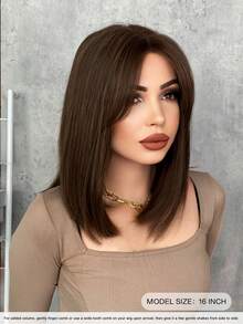 7JHH WIGS Peluca de cabello sintético resistente al calor de longitud de hombros con flequillo de cortina y raya al medio, color marrón, para uso diario y de fiesta, de 16 pulgadas - Marrón - Ver 5