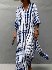 Fashionable Digital Print V-Neck Casual Dress For Women - Blue - View 2