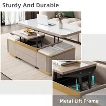 Guyii Modern Lift Top Coffee Table With 4 Storage Stools, Extendable Coffee Table With Wheels, 3-In-1 Multifunctional Center Table, Space Saving Folding Dining Table For Living Room, Easy Assembly - Grey - View 8