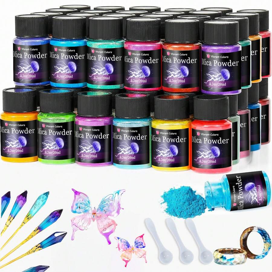 24色云母粉珠光色 - 环氧树脂、珠宝制作、蜡烛制作艺术套装，易于混合，可重复密封罐 - 非常适合DIY工艺品和礼品、工艺用品、光泽效果、珠光颜料、用于珠宝制作的云母粉。 - 彩色 - 查看 1