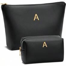 XAPY Wen Gif Initial Makeup Bag Set For Girl Personad Gif For Bridesmaid Friend Graduan Teachers PU Leather Cosmetic Travel Tetry Bag BlackA - 黑色 - 查看 1