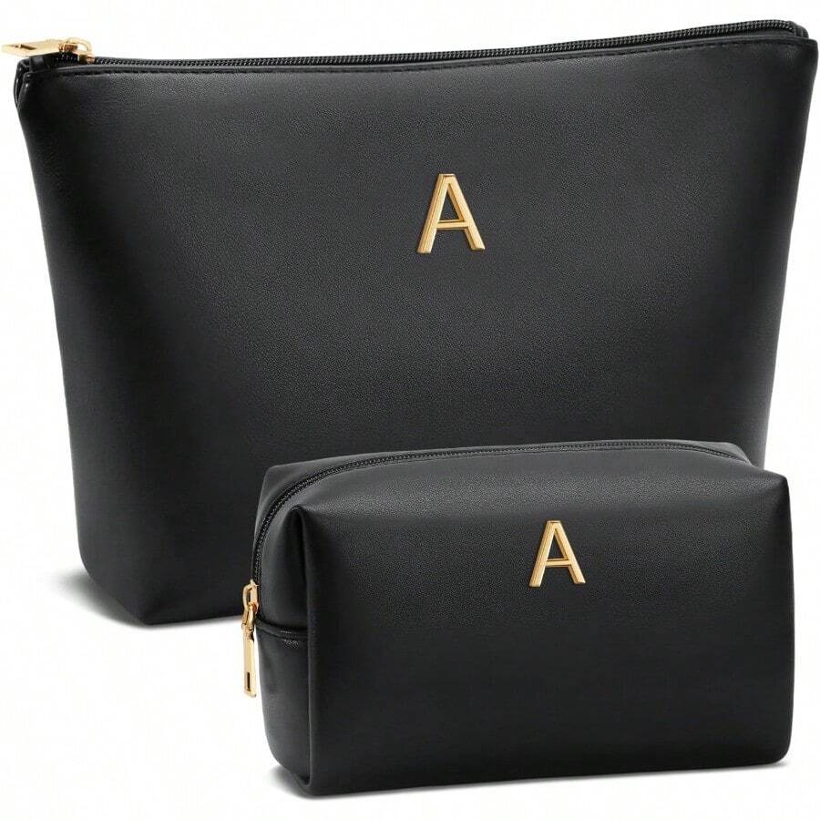 XAPY Wen Gif Initial Makeup Bag Set For Girl Personad Gif For Bridesmaid Friend Graduan Teachers PU Leather Cosmetic Travel Tetry Bag BlackA - 黑色 - 查看 1