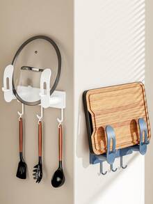 2 Styles 7-Hook Kitchen Storage Rack - Drill-Free Adhesive & Suction Cup Wall-Mounted Organizer White/Gray ABS Waterproof Holder For Pot Lids/Towels/Chopping Boards Kitchen Items Kitchen Accessories Kitchen Tools - Multicolor - View 3
