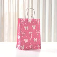 4/10/25个装粉色蝴蝶结主题派对礼品袋 - 优雅纸质礼品袋，带提手，适用于婚礼、新娘送礼会、生日及其他特殊场合，饰有粉色蝴蝶结、星星和几何图案 | 独特的蝴蝶结设计 | 结实耐用的提手包装袋，适用于新娘派对、情人节、婚礼派对 - 彩色 - 查看 8