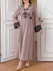 Elegant Party Geometric Embroidered Woven Fabric Long Sleeve Dress, Suitable For Daily, Date, Holiday, Spring/Autumn - Khaki - View 6