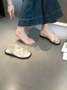 女士平底凉鞋，新款时尚黑白简约女士凉鞋（鞋码偏小两码），百搭柔软舒适女士凉鞋，夏季休闲可调节搭扣平底凉鞋，适合女孩户外购物度假沙滩穿着的平底女鞋，黑白配色，女士拖鞋，女士夏季凉鞋，轻便拖鞋，塑料拖鞋 - 黑與白 - 查看 12