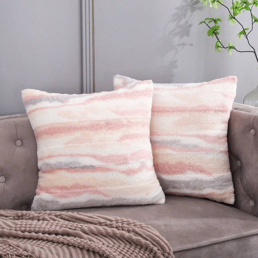 1pc Starry Sky & Watercolor Pattern Plush Decorative Throw Pillow Cover, Multi-Color Patchwork Modern Style Suitable For Living Room, Bedroom, Office, Car Interior, Etc. - Pink - View 1