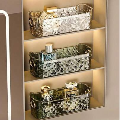 三件套化妆品收纳盒：轻奢PET桌面透明梳妆台收纳盒，奢华长方形化妆品收纳盒，轻质塑料台面化妆品和护肤品收纳盒