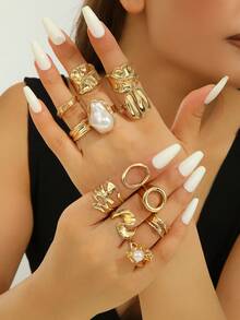 12件套复古几何镂空水滴设计开口戒指套装，巴洛克风格仿珍珠装饰波西米亚风戒指套装，时尚首饰套装，适合日常穿搭、海滩度假和派对配饰 - 金色 - 查看 7