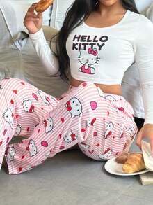 Sanrio 2pcs Women Stitch Print Crew Neck Long Sleeve Top + Elastic Waist Straight Pants Pajama Set - Pink - View 5