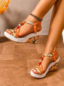 Beige Summer Vacation Style Straw Woven Bottom Wedge Sandals, Women's Beaded Beach Party Holiday Retro Buckle Design High Heel Platform Espadrille Shoes - Orange - View 3