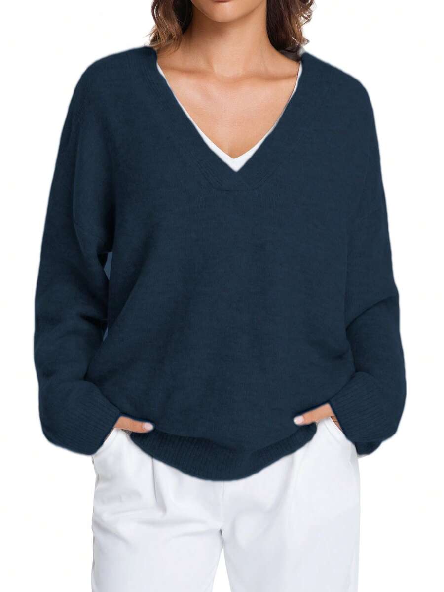 大码女式V领长袖毛衣 - 秋冬必备单品 - 寶藍色 - 查看 1
