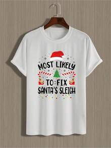 Christmas Festive Print T-Shirt - Men's Casual Short Sleeve Round Neck Tee For Holiday Parties & Casual Attire - White - View 2