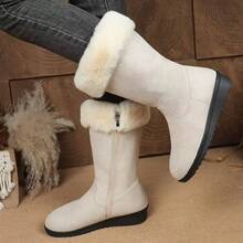 Women's Mid-Calf Snow Boots, Thick Thermal Lining, Wedge Heel, Warm & Soft Material, Side Zipper, Round Toe, Versatile Outdoor Boots For Winter - White - View 9