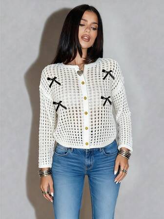 优雅镂空蝴蝶结前襟纽扣圆领宽松开衫毛衣外套，秋季新品系列