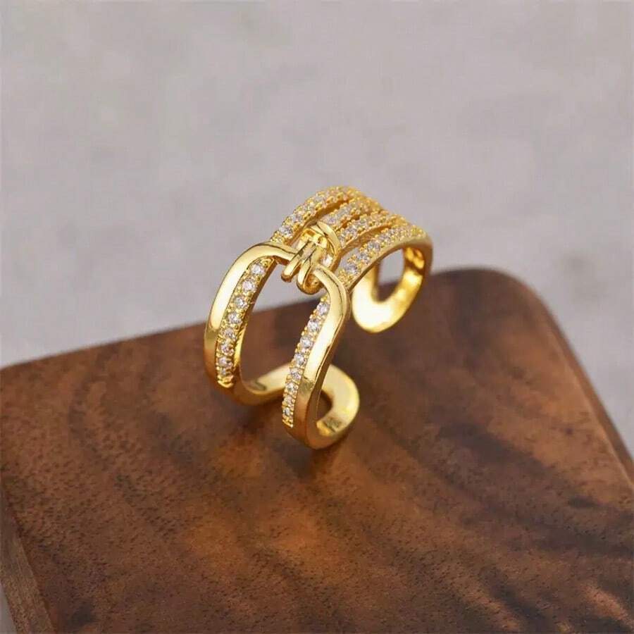 Exquisite And Sparkling Rhinestone Ring, Adjustable Opening, Brass, Stylish Stackable Ring For Women, Perfect For Parties And Gatherings. - Yellow Gold - View 1