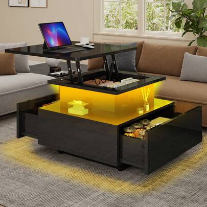 High-Gloss Coffee Table With Lift-Up Work Surface - 60x60x45cm, LED Light Strip & 2 Drawers, Modern Wooden Square Table For Living Room