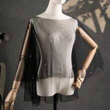 1pc Gothic Style Black Witch Bridal Cosplay Accessory, Faux Pearl Embellished Wedding Shawl Bolero - Black - View 4
