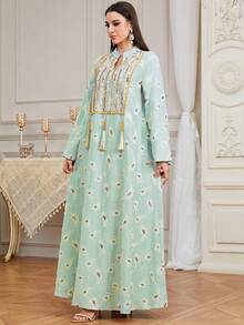Vestido largo de jalabiya con bordado, tejido, flecos y aplicaciones de lentejuelas, nuevo para mujeres en Ramadán - Verde - Ver 4