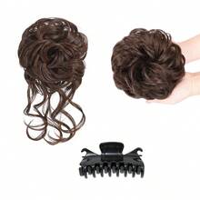 Messy Bun Hair Clip, Women's Messy Wavy Curly Hair Bun Hairpiece, Short Fluffy Updo Synthetic Hair Bun Ponytail Extension (Medium Chestnut Brown) - Maroon - View 13