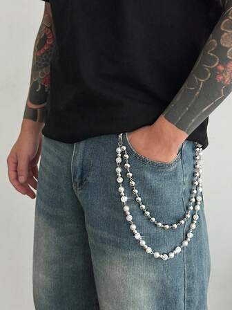1pc Fashionable Punk Style Crystal Beaded Waist Chain, Vintage Crystal & Faux Pearl Multi-Layer Body Chain, Pants Decoration, Suitable For Men's Daily Wear, Party, Birthday, Father's Day, Holiday, New Year Gift