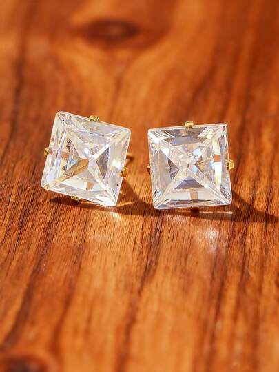 MONALLY 18K Gold Plated Stainless Steel Square Princess Cut Cubic Zirconia Stud Earrings, Women's, Brilliant And Dazzling, Suitable For Weddings/Parties, Low Allergy, Daily Wear, Perfect Gift
