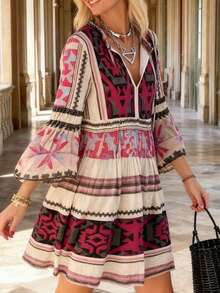 Frühlings- & Sommer-Urlaubs-Lässig Boho Geometrisches Muster V-Ausschnitt Rüschen Saum Seitenbindung Midi Kleid - Verschiedenfarbig - Übersicht 2