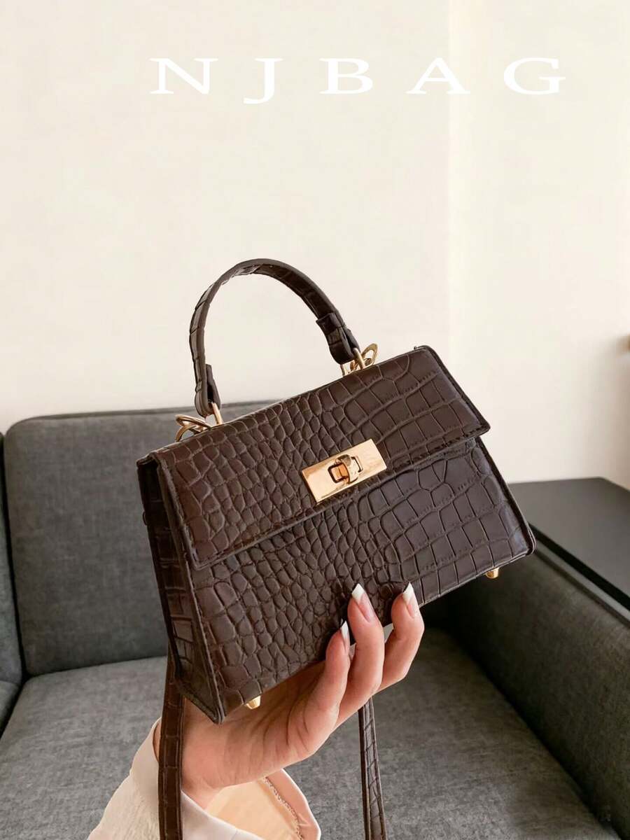 Mini Fashionable Glossy Crocodile Embossed Metal Flap Twist Lock Crossbody Handbag - Coffee Brown - View 1