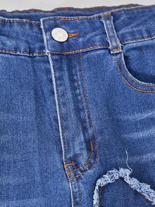 女童前口袋破洞裤脚牛仔裤，休闲Y2K复古喇叭弹力牛仔裤，适合日常穿着 - 藍色 - 查看 5