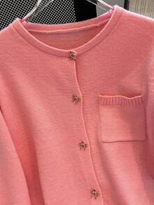 Cárdigan de punto con bolsillo, lazo, botones y contraste de color, estilo casual para mujer, otoño/invierno - Rosa - Ver 5