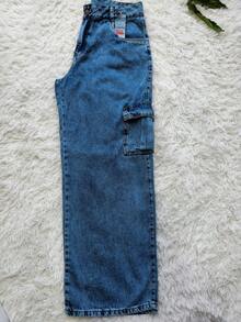 Women's Plus Size High-Waisted Wide-Leg Cargo Jeans With Textured Detail. - 中等水洗藍 - 查看 4