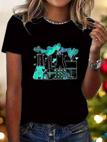 Camiseta de Laboratorio Científico para Mujer - Estampado de Química Turquesa con Vasos de Graduación, Tubos de Prueba y Corazones Moléculares - Manga Corta y Cuello Redondo, Top Casual para Químicos, Regalos STEM - Ropa Científica Negra Lavable a Máquina para Todas las Estaciones