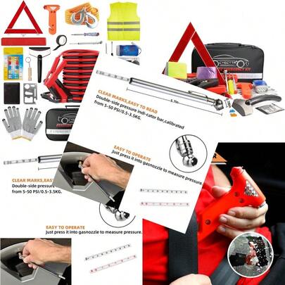 Car Roadside Emergency KitAuto Vehicle Truck Safety Emergency Road Side Assistance Kits With Jumper Cables Safety Hammer Reflective Warning Triangle Tire Pressure Gauge Tow Rope Etc