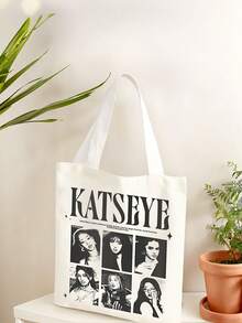 可重复使用可折叠帆布手提袋，印有K-Pop偶像Katseye、Manon、Sophia、Daniella、Lara和Megan的图案，融入流行音乐元素，大容量休闲购物袋，粉丝周边手提袋，沙滩包 - 彩色 - 查看 3