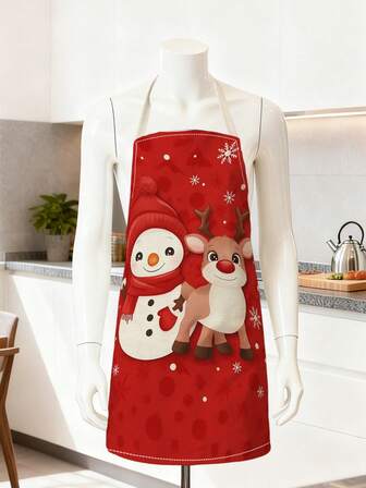 1 pieza Delantal de poliéster con tema navideño y corbata - Patrón grueso y lindo de renos y muñecos de nieve, adecuado para decoración de cocina y comedor festivos, decoración de cocina navideña, regalo de vacaciones, delantal para adultos, duradero, 55x68cm