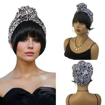 合成纤维女士头带假发黑白头巾帽假发头巾链接直刘海女士日常或角色扮演假发